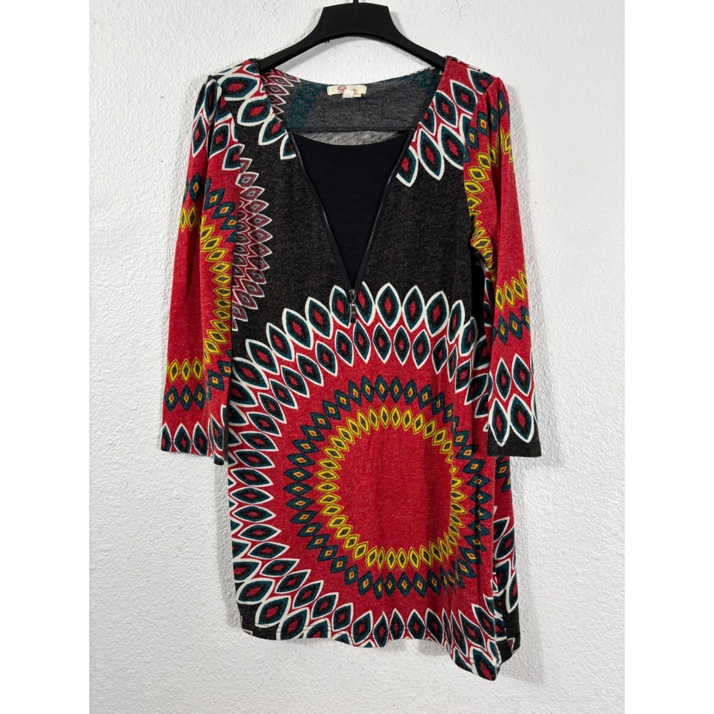 Aryeh Sweater Dress‎ Size L Red Medallion Geometric Zip V-Neck
